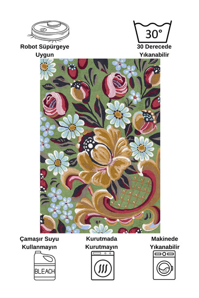Green Floral Pattern Latex Base Rug