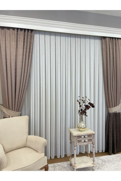 Ecru Self-Striped 1/3 Dense Pleated Sheer Curtain