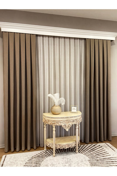 Heathered Milky Brown Linen-Look 1/3 Dense Pleated Blackout Curtain