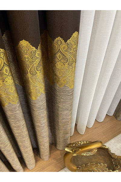 Brown Gold - Damask Patterned 1/3 Dense Pleated Blackout Curtain
