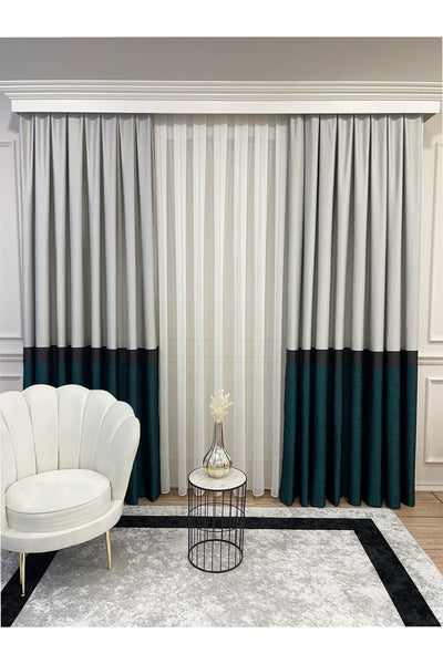 Panel Pattern Jacquard 1/3 Dense Pleat Blackout Curtain - Bottom: Mustard-Navy / Top: Gray