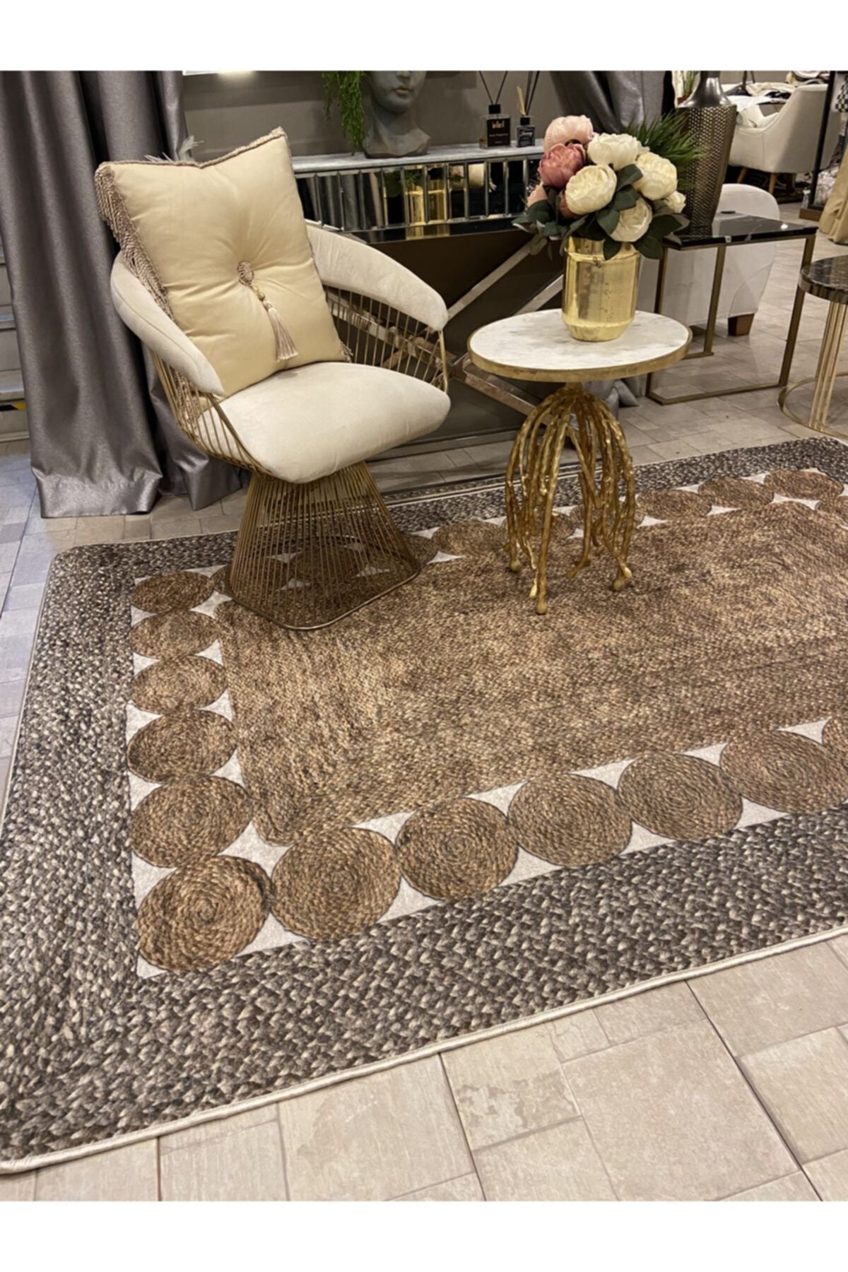 Jute Sisal Look 3D Colorful Latex Leather Base Waterproof Stain-Resistant Rug