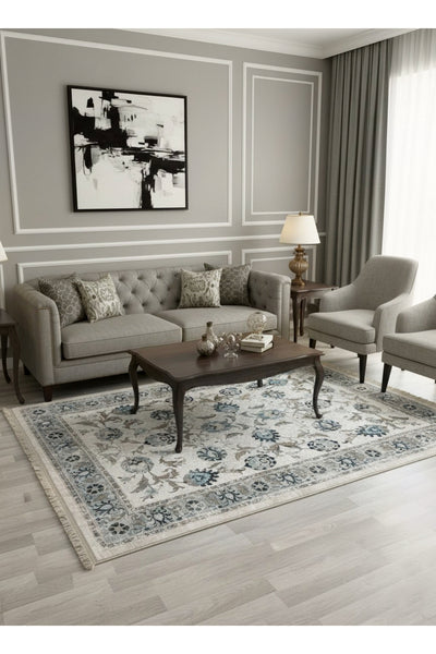 BEIGE-BLUE Traditional Distressed FRINGED Classic Non-Slip Base Rug