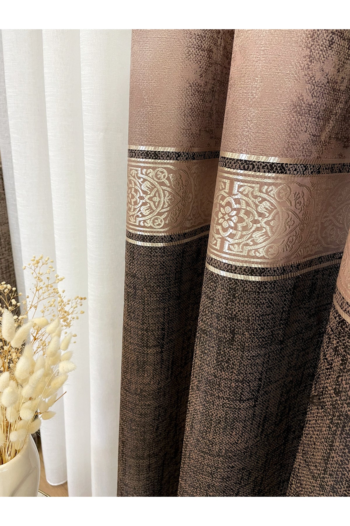 Brown 1/3 Dense Pleated Bordered Pattern Soft-Textured Jacquard Blackout Curtain