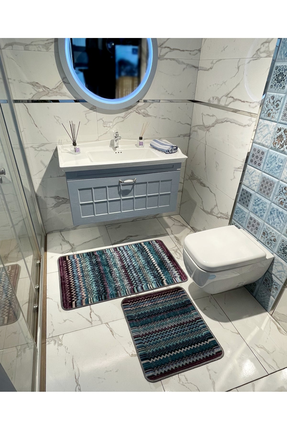 Zigzag Patterned 2-Piece Leather Base Bathroom Mat Set (60x100 - 60x50)