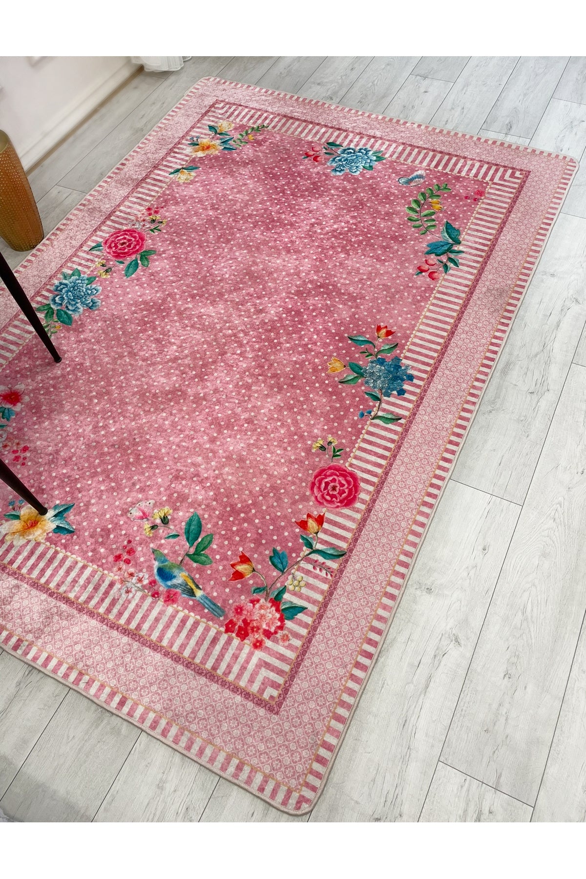 Blue Ground Rose Pattern Non-Slip Rug