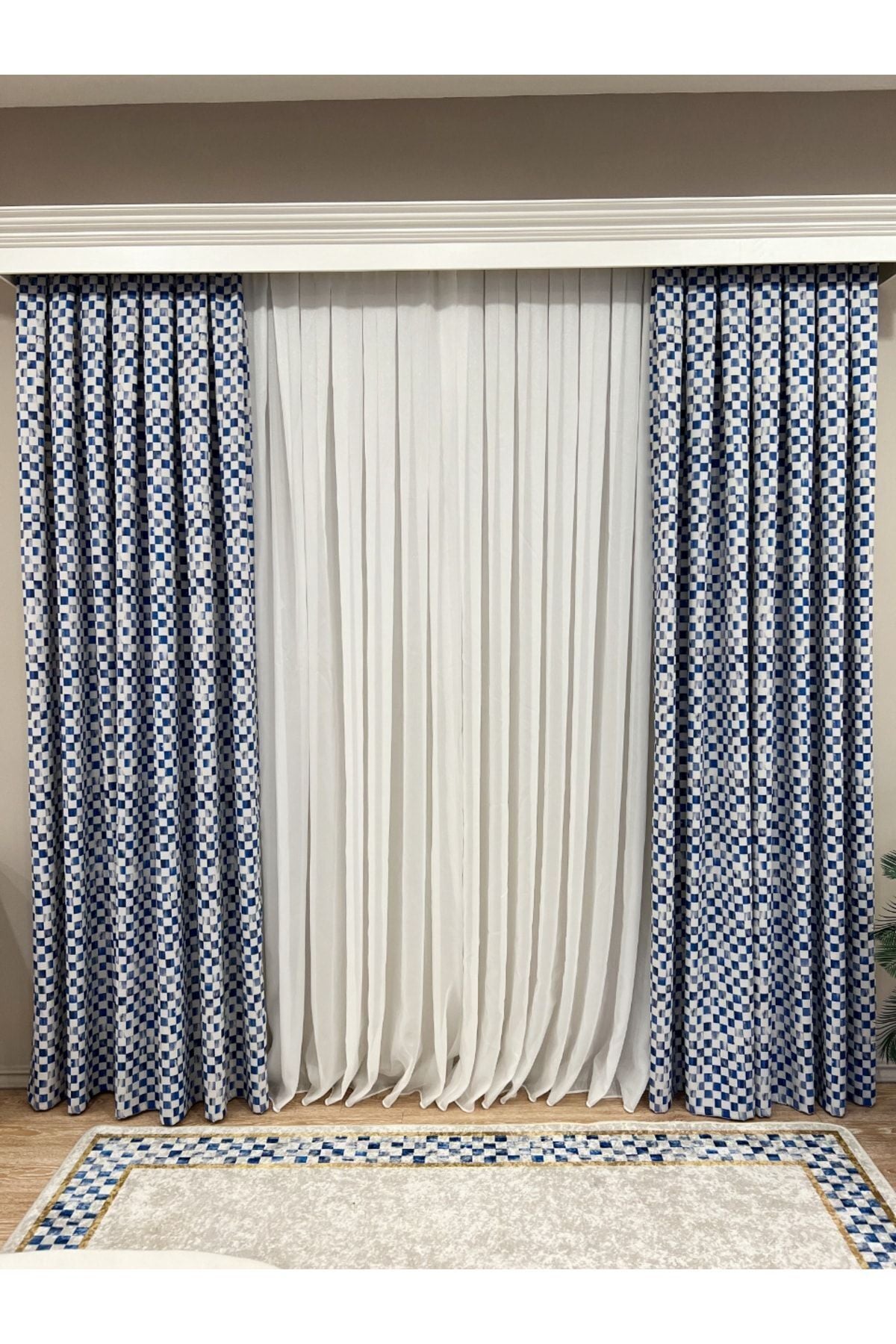 1/3 Dense Pleated Checkered Curtain Panel - Blue