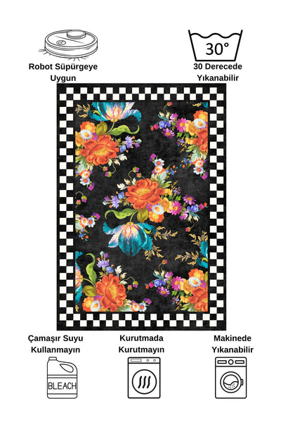 Floral Checkered Latex-Backed Fringe-Free Runner Kitchen Rug