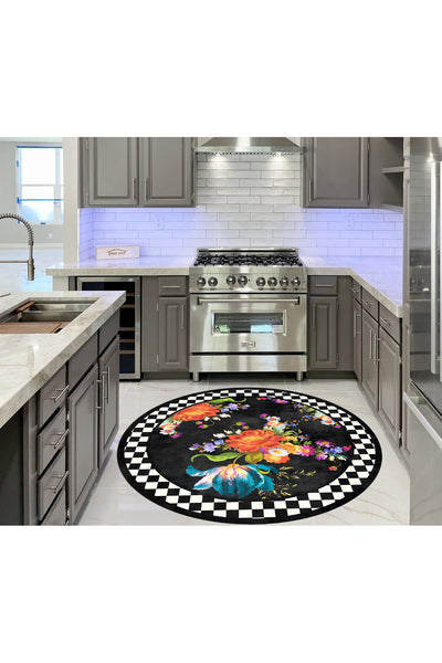 Gray Floral Checkered Round Latex Base Fringeless Rug