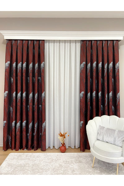 Brown-Navy Blue Bird Patterned 1/3 Dense Pleated Blackout Curtain