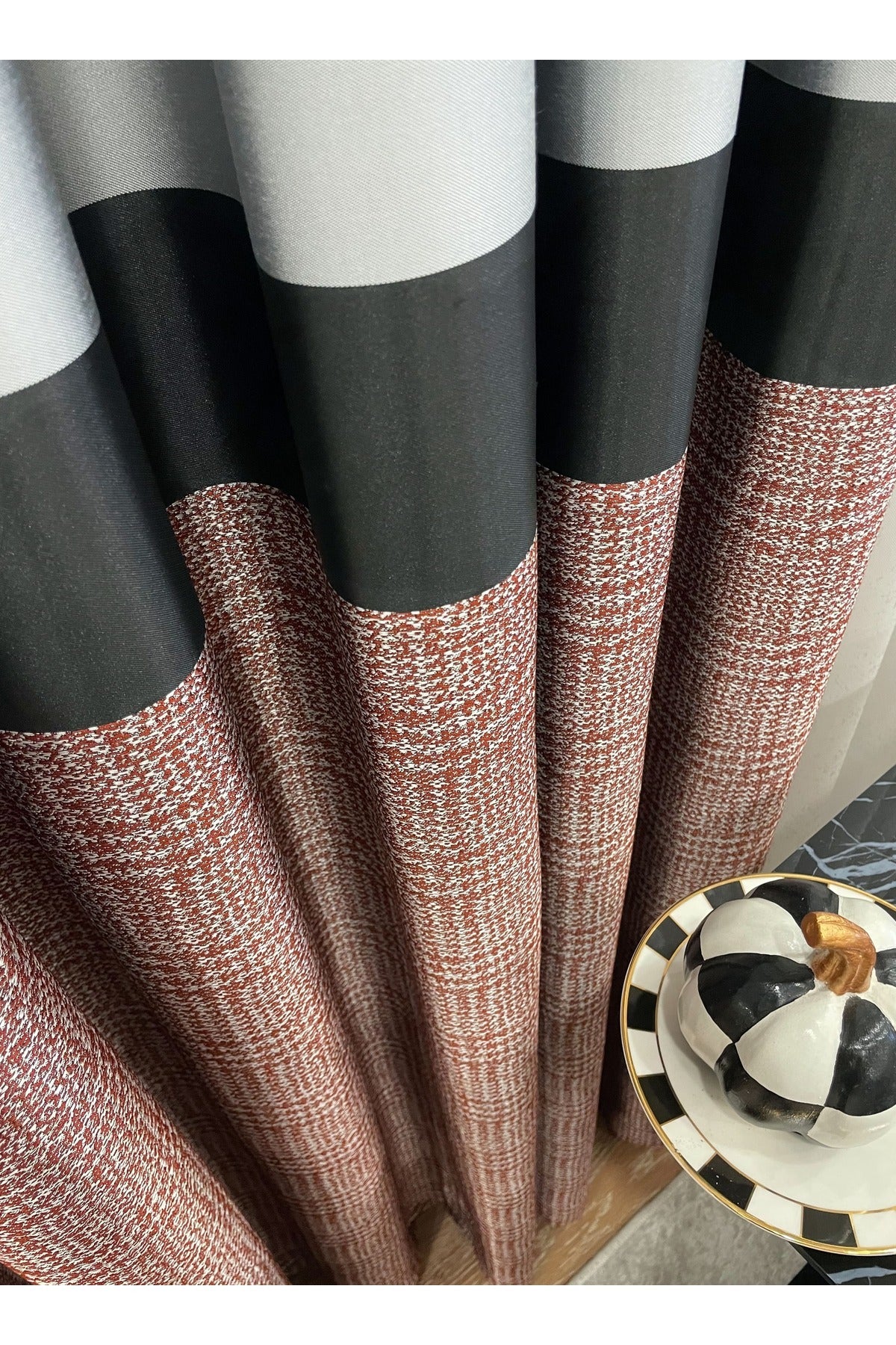 Panel Pattern Jacquard 1/3 Dense Pleat Blackout Curtain - Bottom: Mustard-Navy / Top: Gray