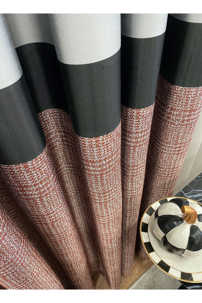 Panel Pattern Jacquard 1/3 Dense Pleat Blackout Curtain - Bottom: Mustard-Navy / Top: Gray