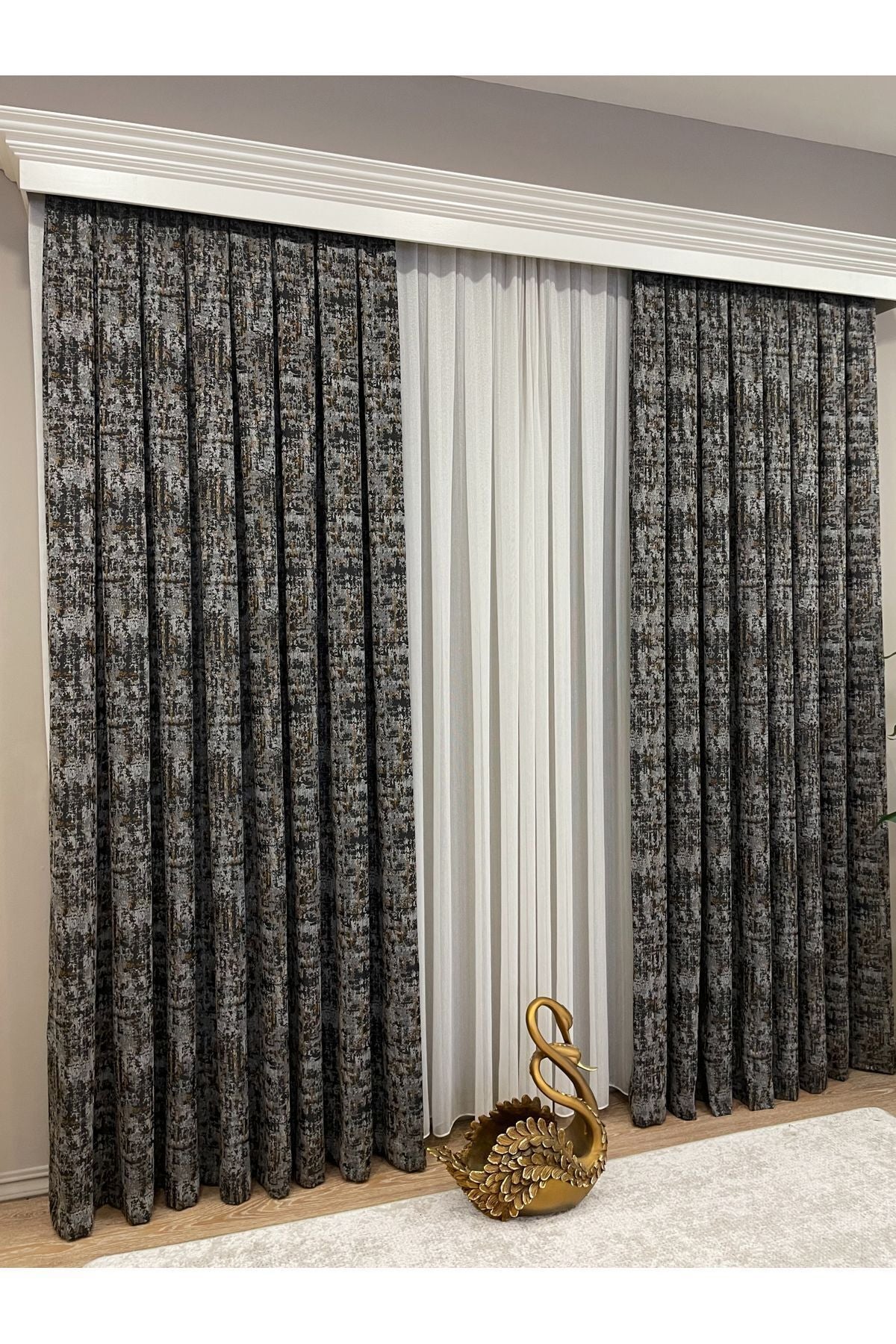 Orange - Brown Abstract Pattern 1/3 Tight Pleat Jacquard Woven Blackout Curtain