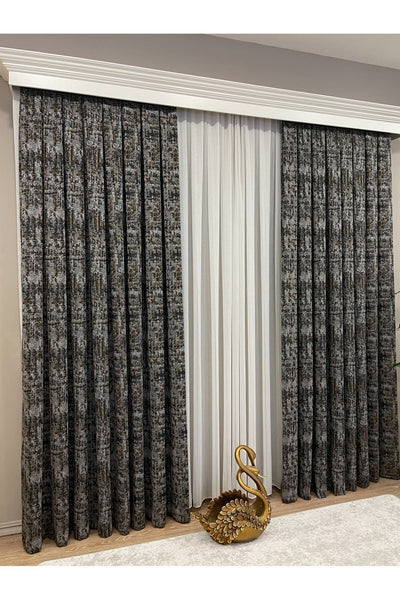 Orange - Brown Abstract Pattern 1/3 Tight Pleat Jacquard Woven Blackout Curtain