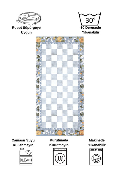 Beige Orange Checkered Pattern Non-Slip Base Kitchen Rug