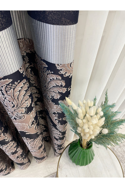Gray Brown Damask Pattern Jacquard 1/3 Tight Pleat Jacquard Blackout Curtain