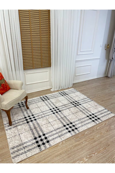 Plaid Pattern Latex Backing Rug - Beige
