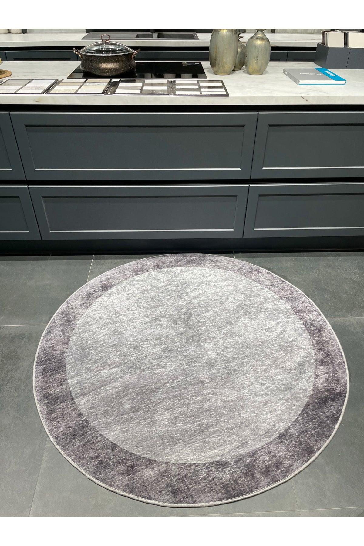 Geometric Striped Latex Leather Backing Fringeless Kitchen Rug - Gray