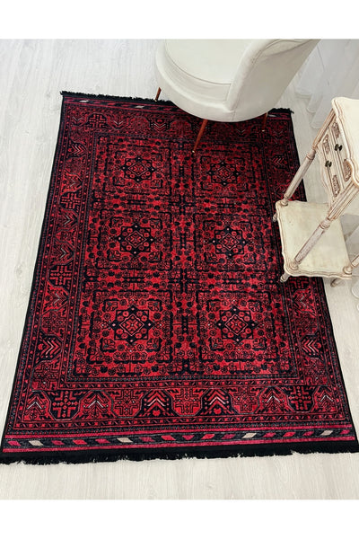 Red Color Ethnic Motif Latex Base Rug
