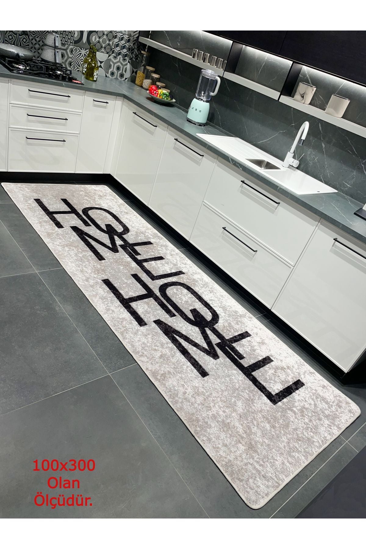 Home Yazılı Düz Mutfak Halısı - SİYAH