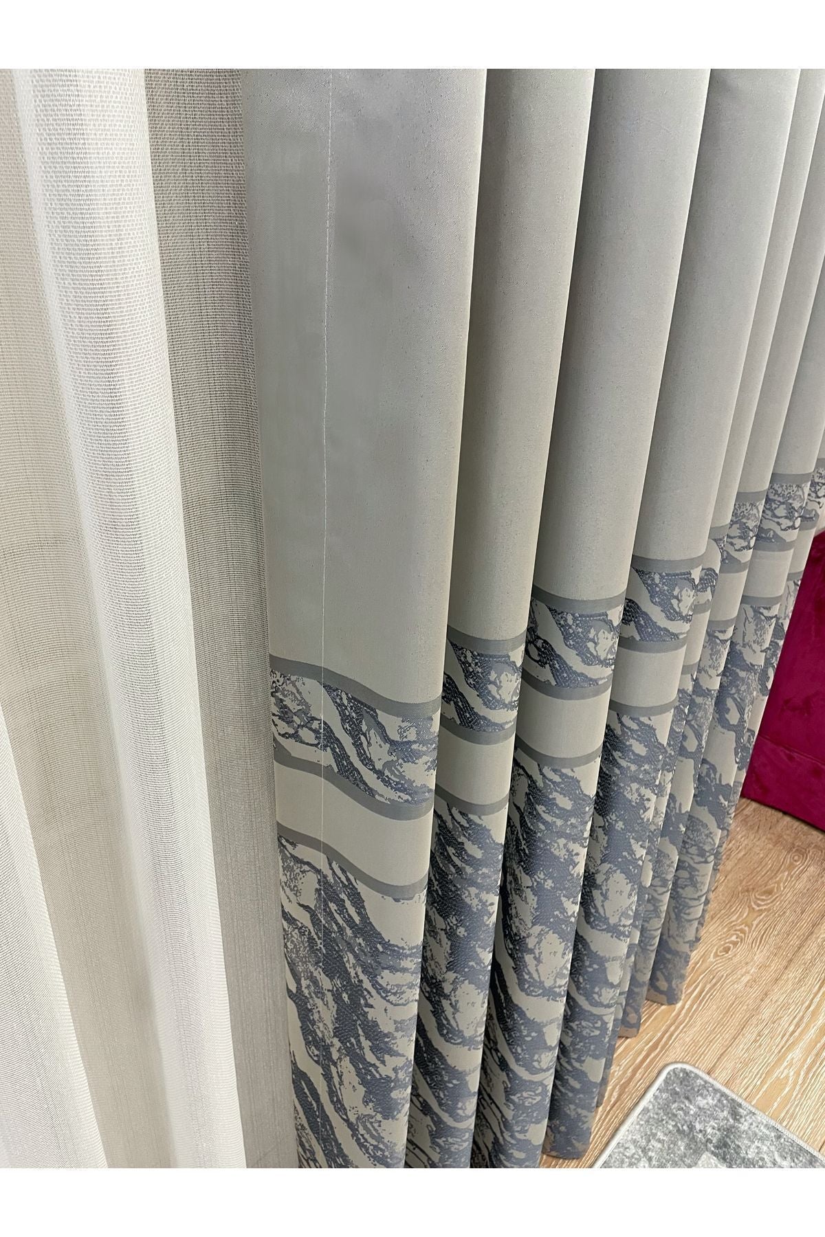 Gray Striped Pattern 1/3 TIGHT Pleat Jacquard Blackout Curtain