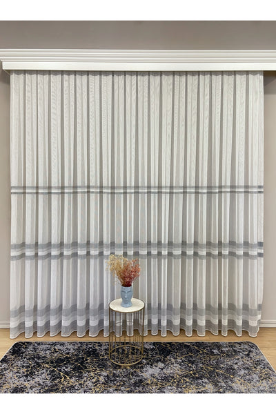 Modern Shantung 3-Row Banded 1/2.5 Pleat - Ecru/Gray Sheer Curtain