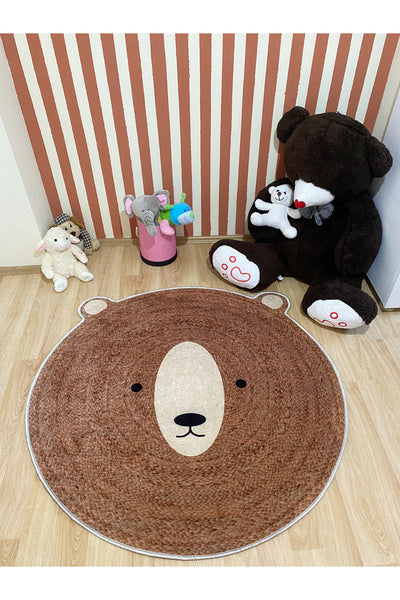 Cute Bear Themed Jute-Look Children's Rug - Brown