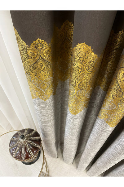 Brown Gold - Damask Patterned 1/3 Dense Pleated Blackout Curtain