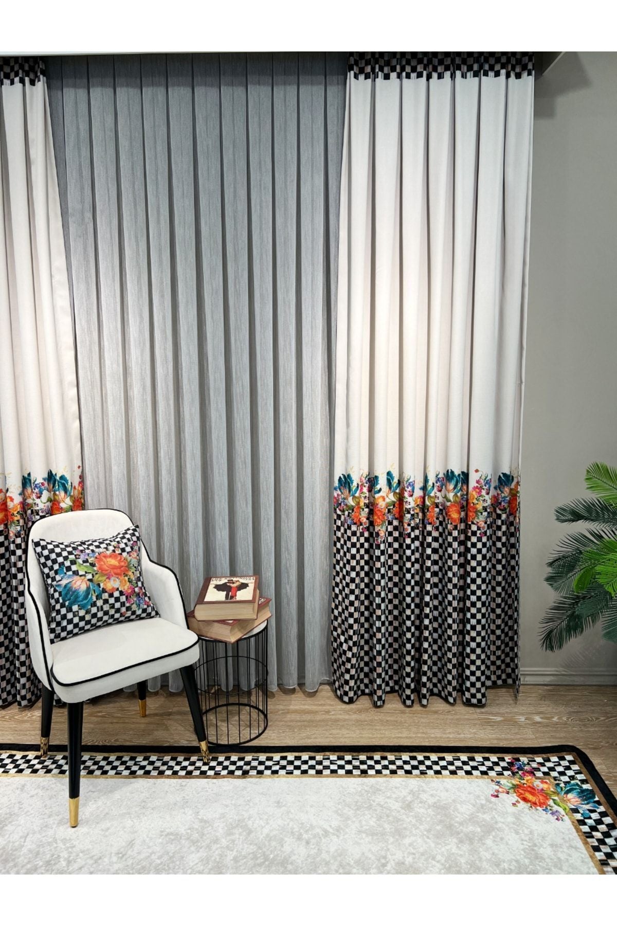 1/3 Dense Pleated Checkered Floral Curtain Panel - Beige-Black