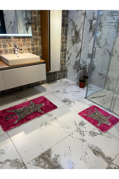 Set of 2 Leopard Print 60x100 - 60x50 Bathroom Rugs - Fuchsia