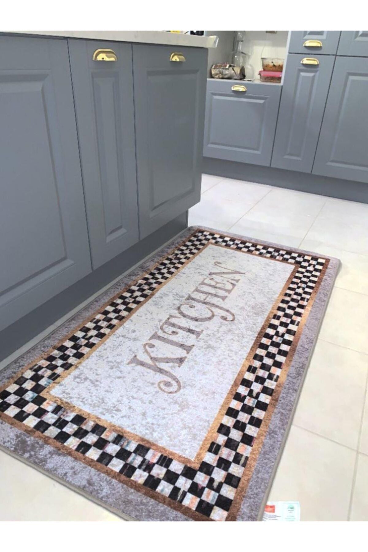 Kitchen Motifli Damalı Lateks Deri Tabanlı Leke Tutmaz Mutfak Halısı