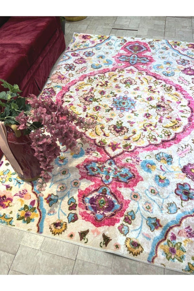 Etnik Desen Saçaksız Lateks Deri Taban Modern Halı