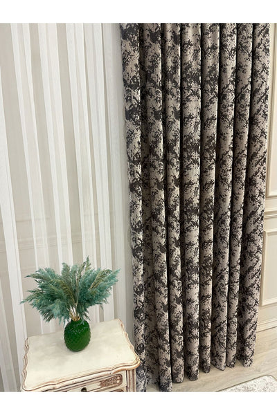 Brown-Navy Blue Chenille Pattern Jacquard 1/3 Dense Pleated Jacquard Blackout Curtain