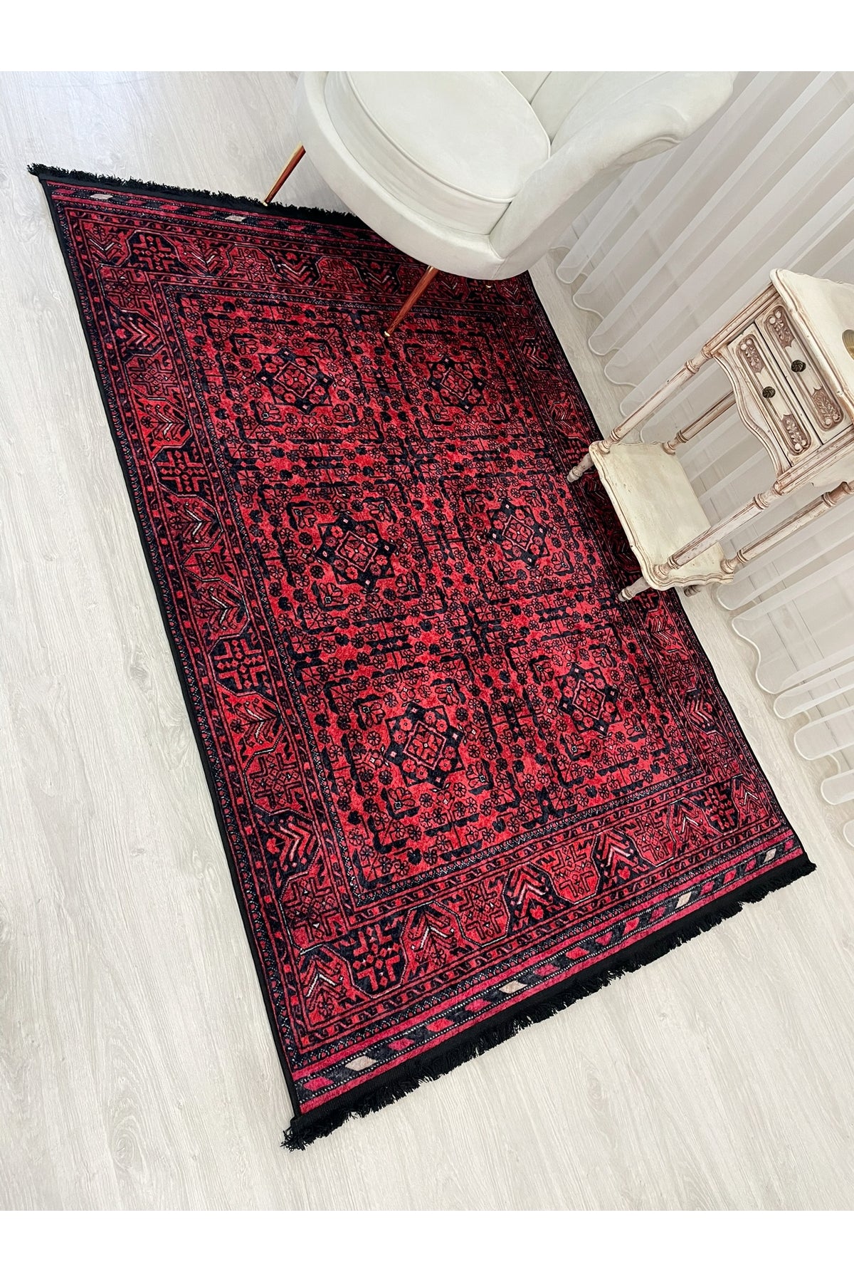 Red Color Ethnic Motif Latex Base Rug