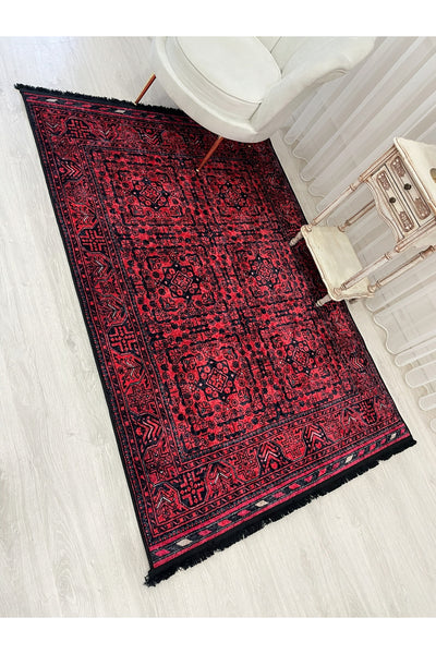 Red Color Ethnic Motif Latex Base Rug