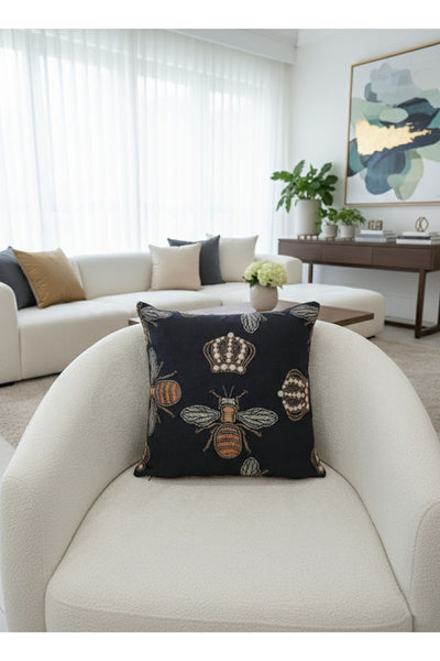 Queen Bee Embroidery Look Woven Fabric Throw Pillow Cover 45x45