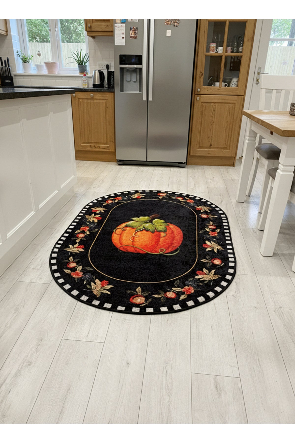 Pumpkin Pattern Bordered Oval Kitchen Rug