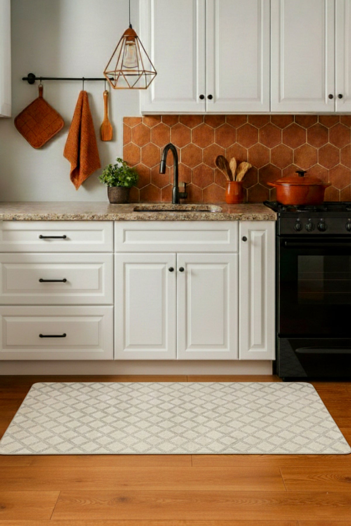 Diamond Pattern Beige Non-Slip Base Kitchen Rug