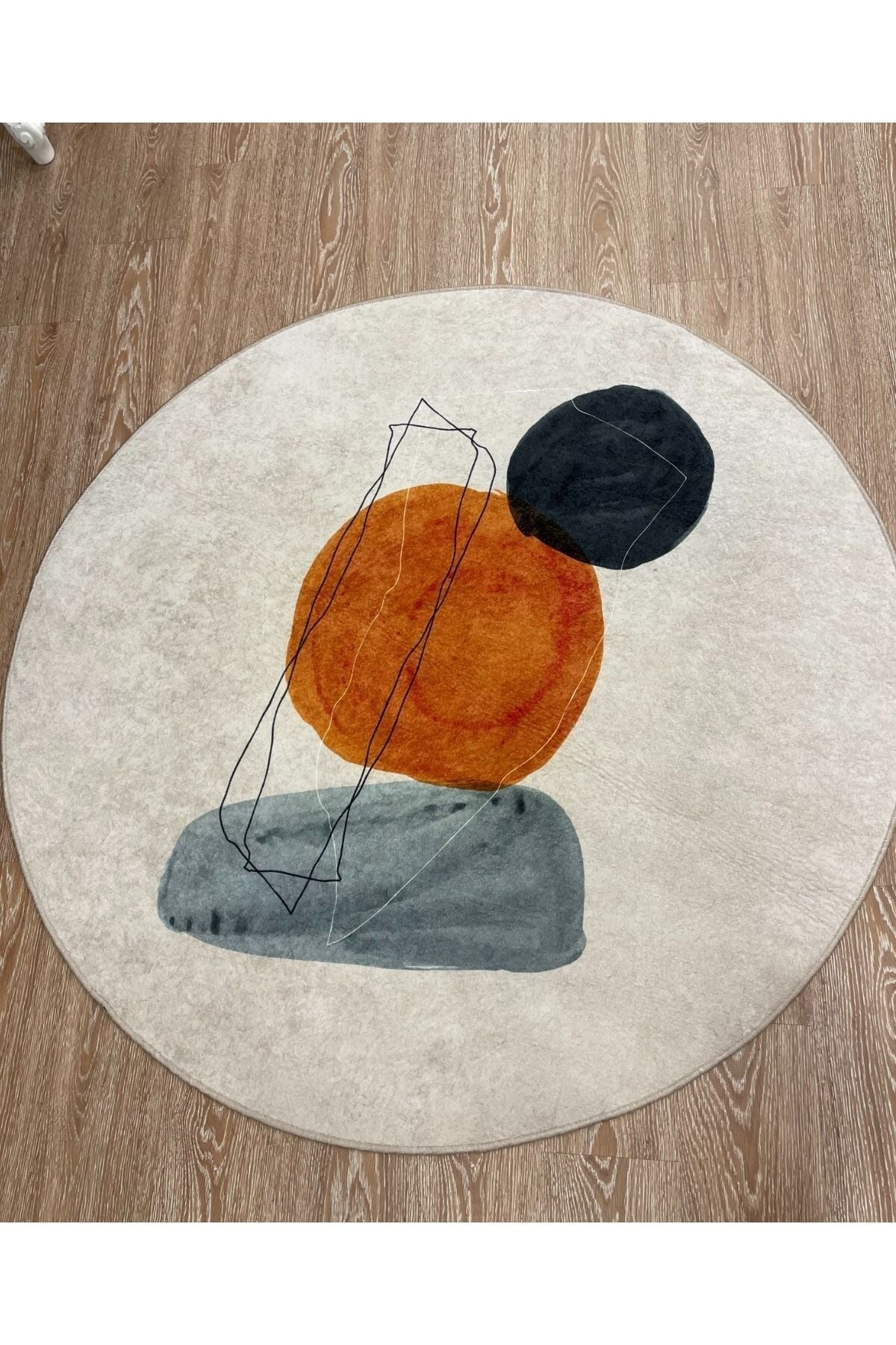 Wince Geometrik Soyut Desenli Lateks Taban Yuvarlak Saçaksız Halı