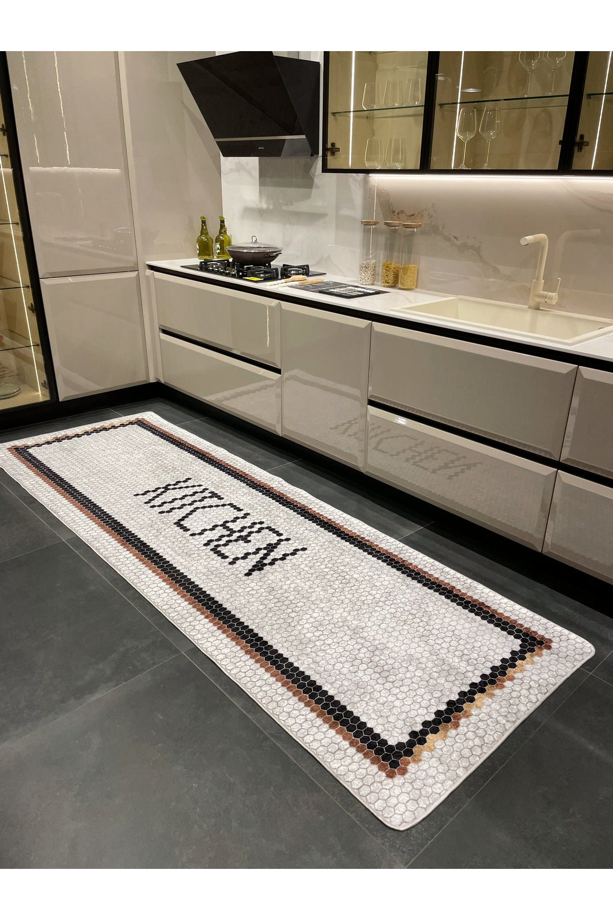 Kitchen Honeycomb Ecru Kitchen Runner Rug