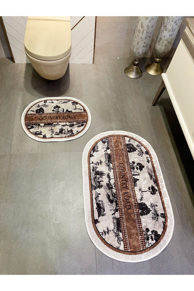 2 li Kahverengi 60x100 - 60x50 Country Desenli Lateks Taban Banyo Paspas