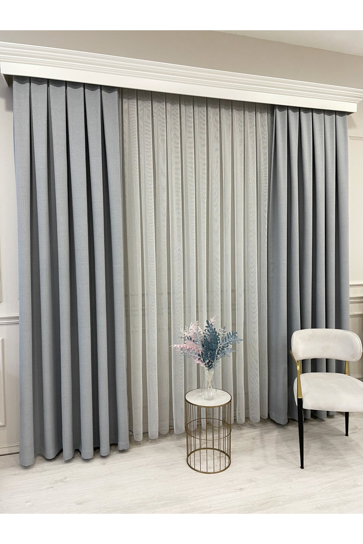 BEIGE-GRAY Modern Textured Knit 1/3 Dense Pleat Sheer Curtain