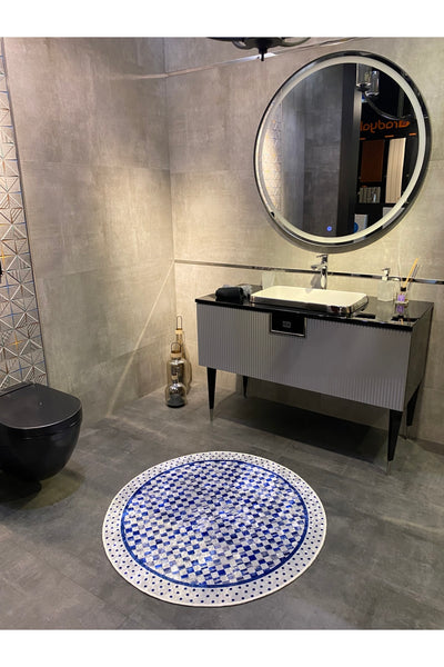 Robert Blue Diamond Pattern Fringeless Round Bathroom Mat - Blue Size 100x100