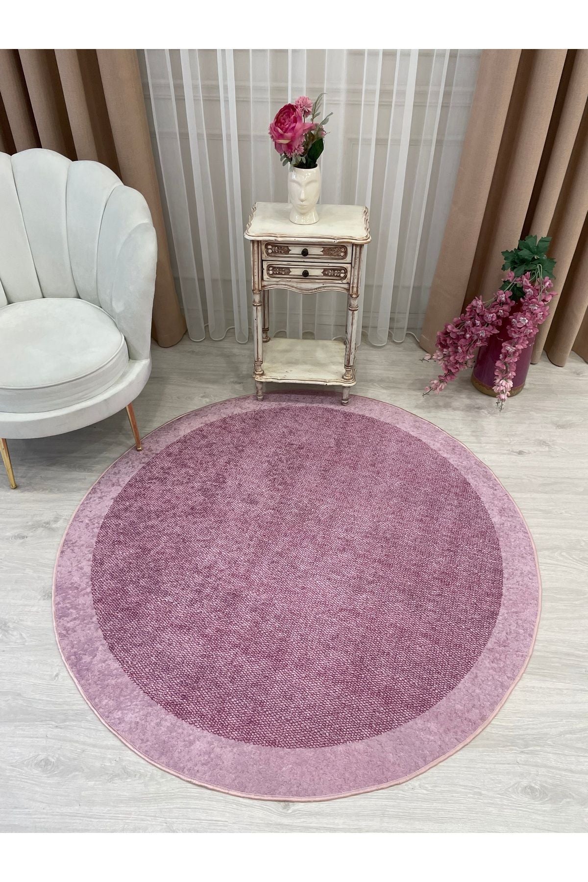 Pink - Decorative Rug with Wicker Jute Sisal Border Look