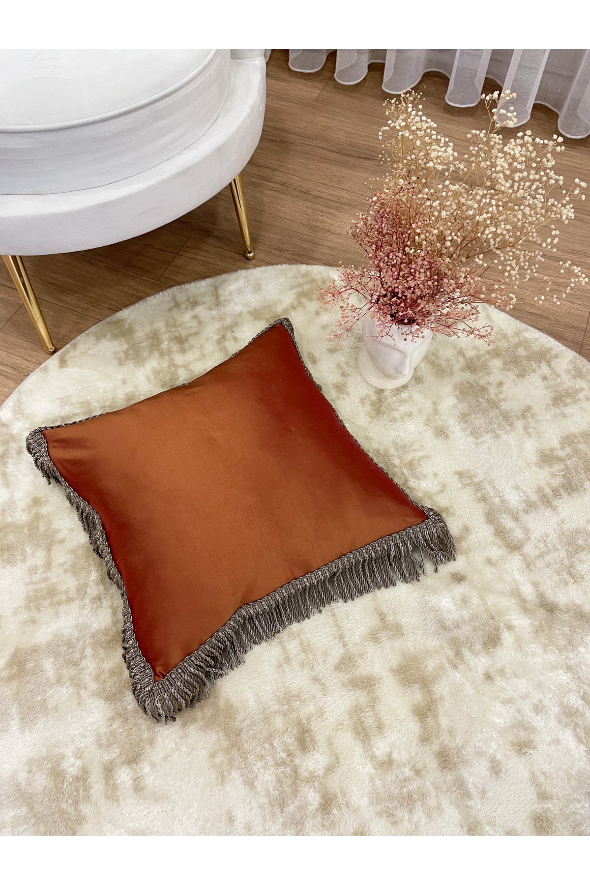 İthal Ipek (silk) Kırlent Yastık Kılıfı Kordonlu 45X45 TURUNCU