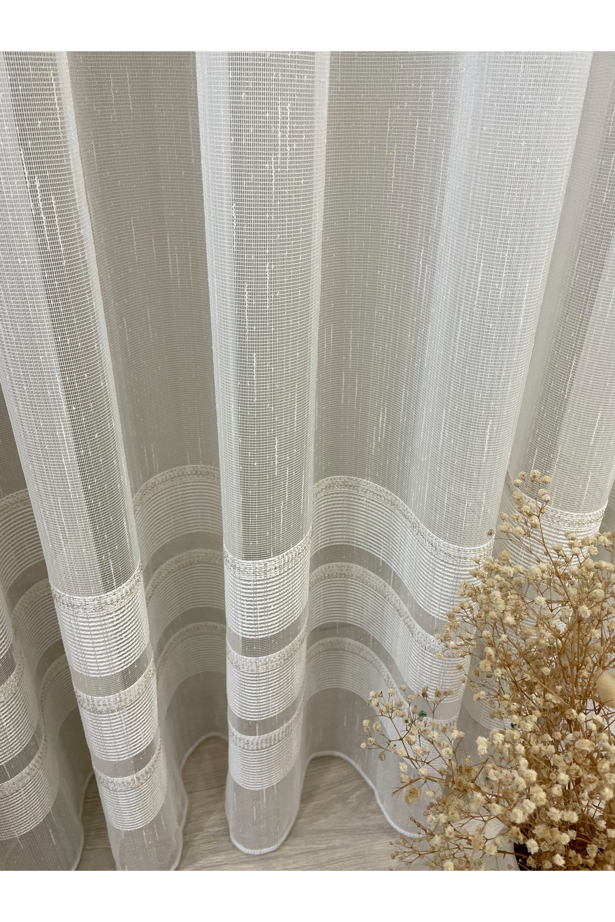 Modern Shantung Banded 1/3 Dense Pleat - Ecru/Gray Sheer Curtain