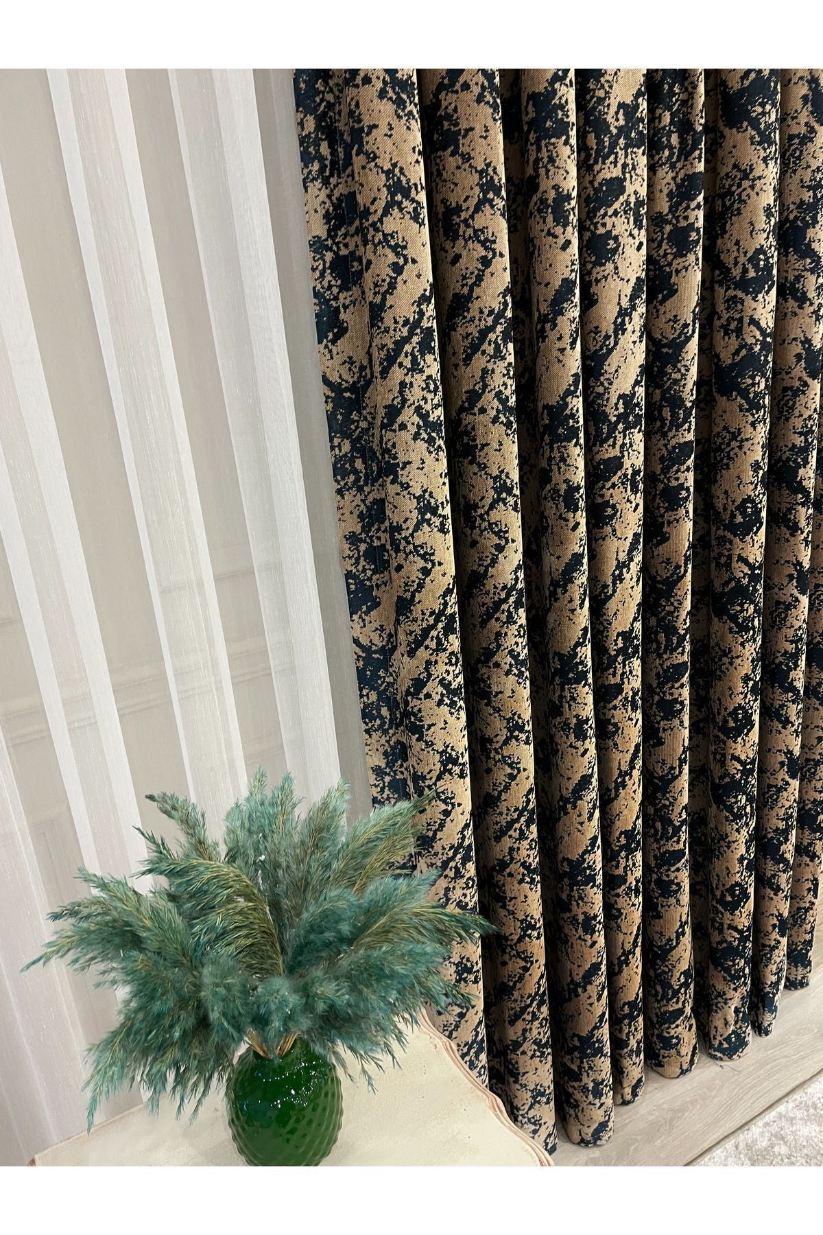 Brown-Navy Blue Chenille Pattern Jacquard 1/3 Dense Pleated Jacquard Blackout Curtain