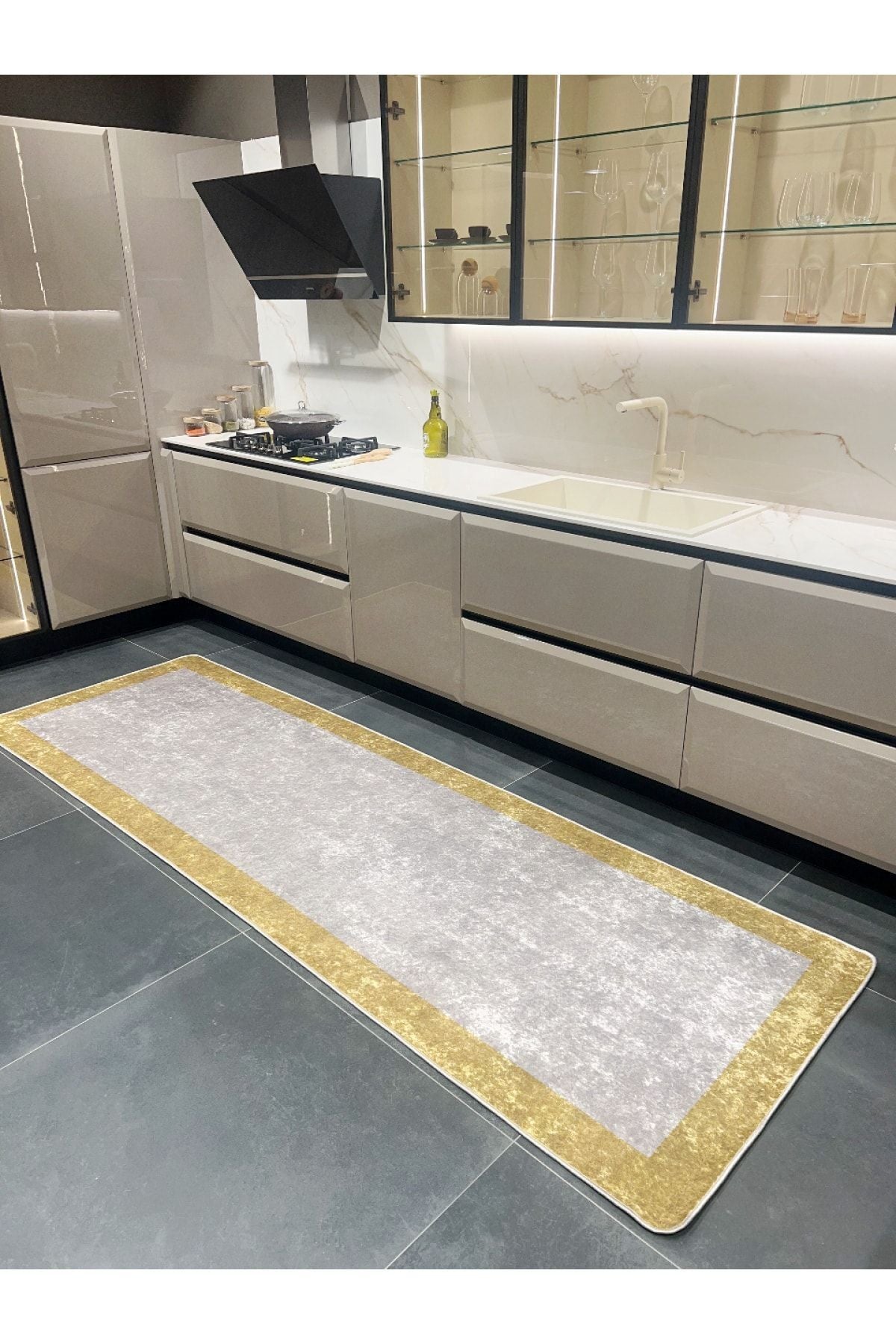 Geometric Striped Latex Leather Backing Fringeless Kitchen Rug - Gray-Black