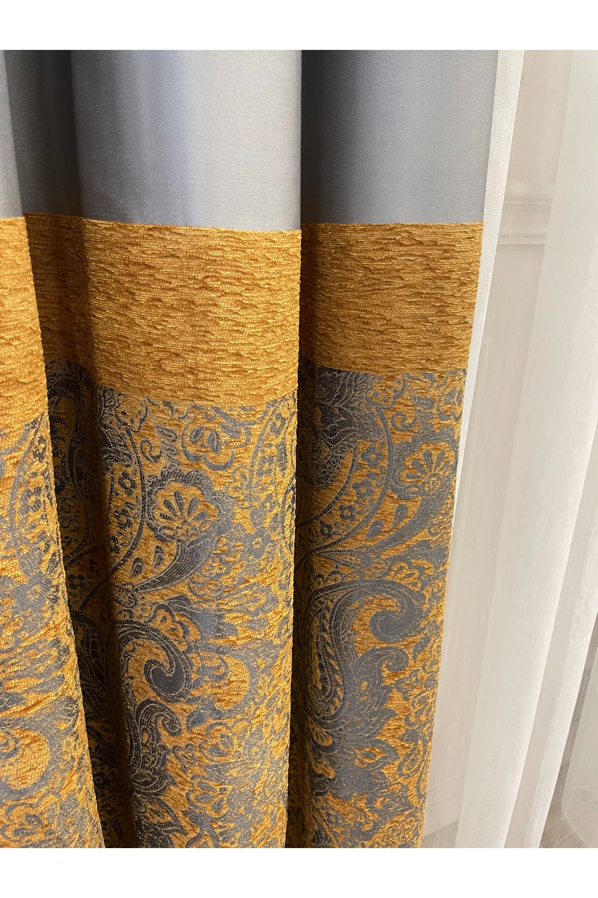 Gray Shawl Pattern 1/3 TIGHT PLEAT Jacquard Woven Blackout Curtain