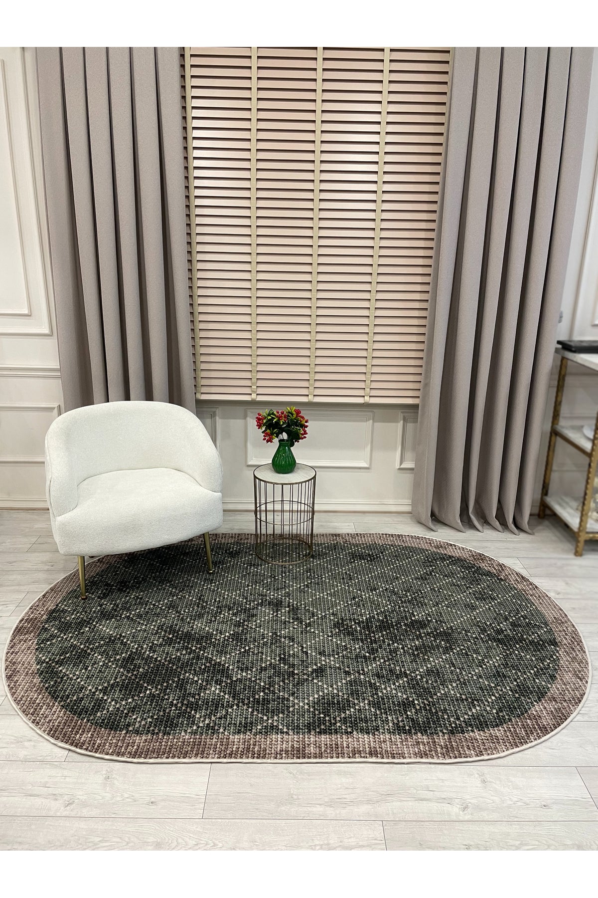 GREEN-BROWN Jute Sisal Look Bordered Non-Slip Base Runner Rug